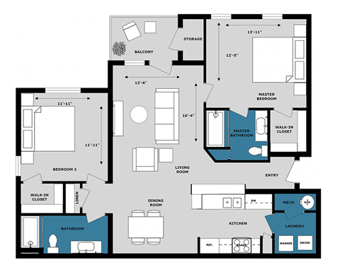 Floor plan for 2 beds, 2 baths, 1175 sqft